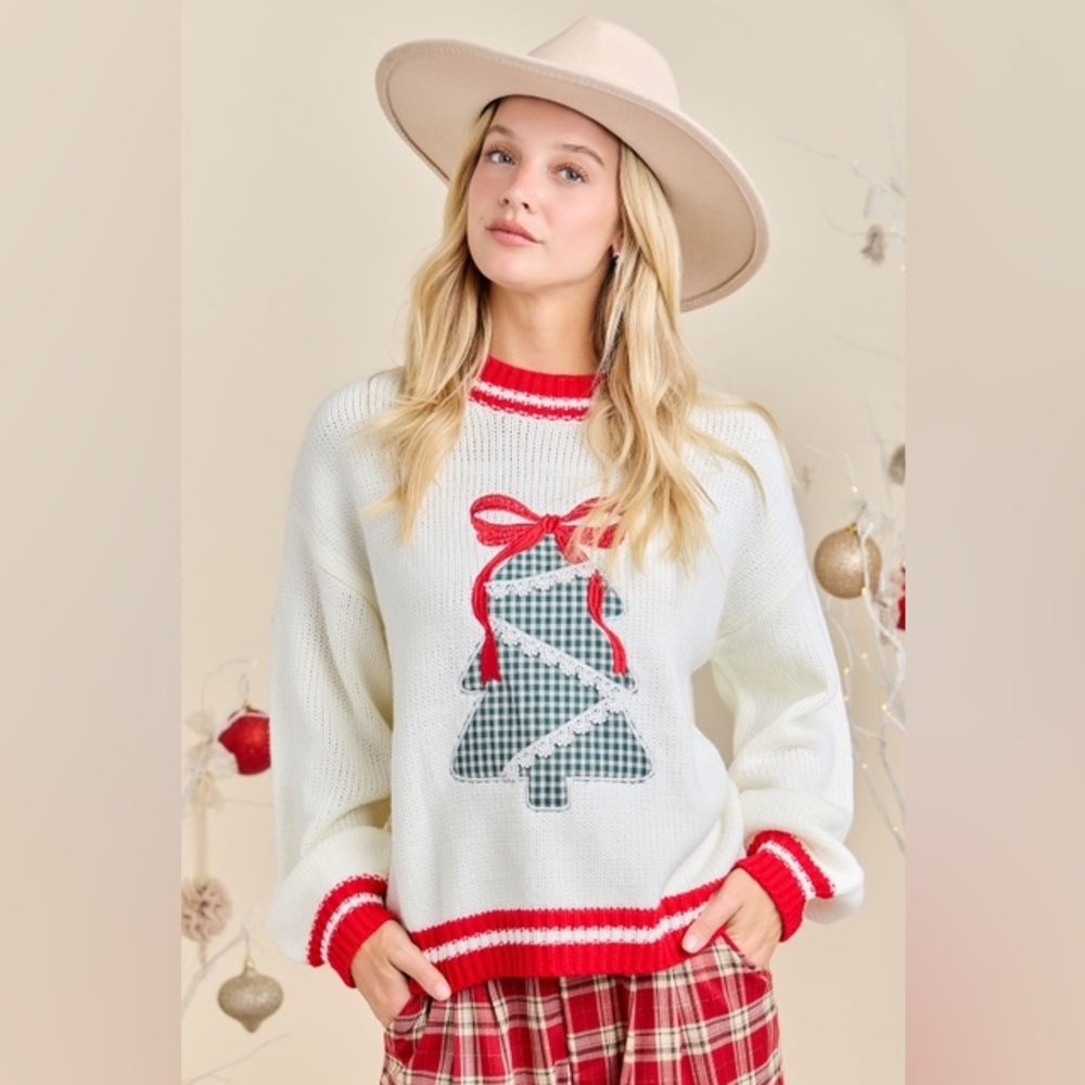 Gingham Christmas Tree Patchwork Sweater With Emb… - image 6